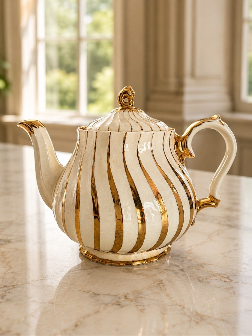 Vintage Sadler England Gold Swirl Ribbed Cream Teapot 4 Cup 2737